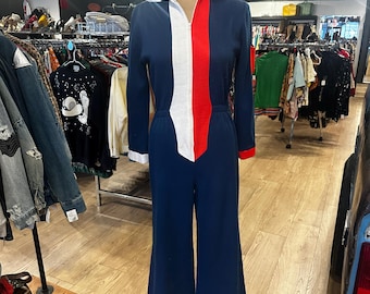 Vintage jaren 80 rood-wit-blauwe sweat-jumpsuit met wijde pijpen en capuchon
