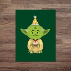 Star Wars Yoda Birthday Cake Card / Disney Holiday Greeting Card / Illustrated Single Folded Funny Cute / Buste incluse
