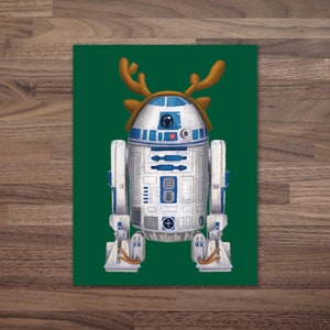 Star Wars R2D2 Weihnachtskarte | Disney Holiday X-Mas Grußkarte | Illustriertes Single Gefaltetes lustiges süßes | Umschläge inklusive