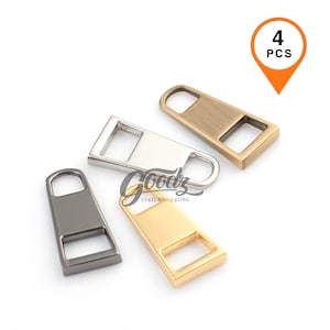 May include: Four metal zipper pulls in silver, gold, bronze, and gunmetal grey. Each pull has a rectangular shape with a loop at the top and a square opening at the bottom. The image includes a graphic that says "4 PCS".