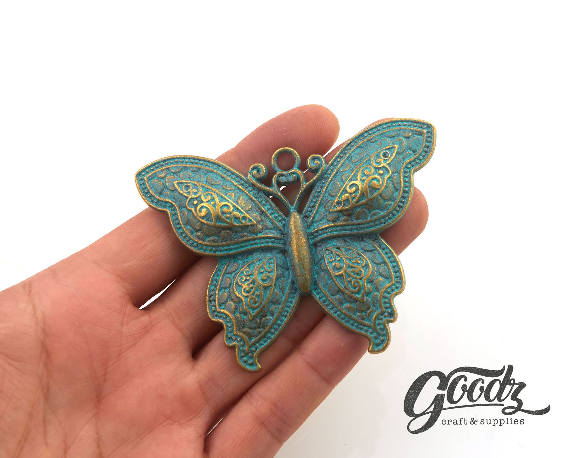 Grandes breloques papillon vert vert-de-gris x3 pièces | Pendentif charms papillon turquoise pour obtention de bijoux de collier | Pendentif pendentif patiné