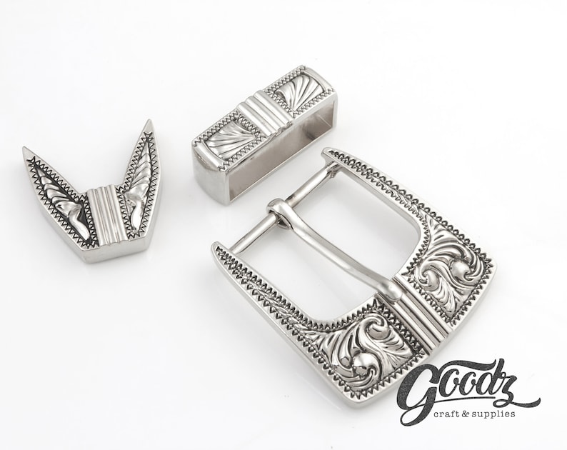 Set of Western Antique Cowboy Belt Buckle | Western Cowboy Buckle | Filigree Buckle | Silver Buckle | Rodeo Buckle.On white background. Product from Goodz Craft Supply.