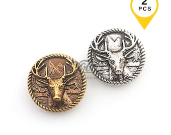 Deer Head Round Concho, 1 3/8" - 35 mm, x2Pcs Leather Concho with Screw Back