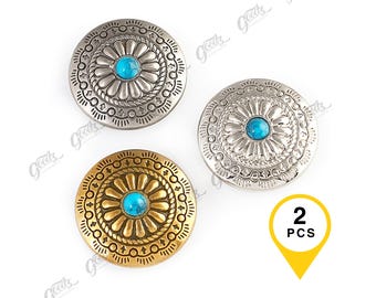 Concho azul turquesa con cierre de rosca (2 piezas) / Concho de cuero estilo occidental / Concho metálico decorativo para cinturones y artesanías de cuero