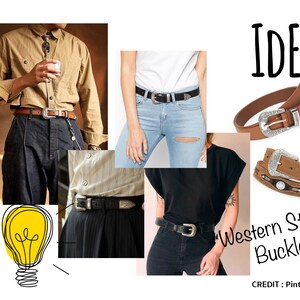 May include: A collage of images showcasing different ways to style a western-style buckle belt. The collage includes a person wearing a brown leather belt with a silver buckle, a person wearing a black leather belt with a silver buckle, and a person wearing a brown leather belt with a silver buckle. The text "IDEA" and "Western Style Buckle" are also included in the collage.