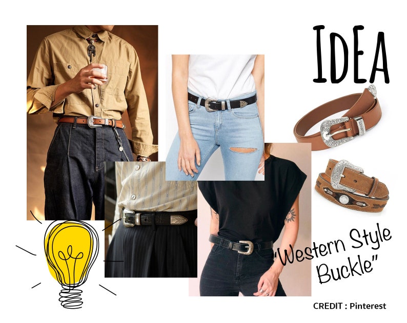 May include: A collage of images showcasing different ways to style a western-style buckle belt. The collage includes a person wearing a brown leather belt with a silver buckle, a person wearing a black leather belt with a silver buckle, and a person wearing a brown leather belt with a silver buckle. The text "IDEA" and "Western Style Buckle" are also included in the collage.