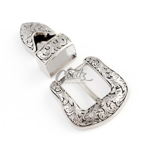 Set Western Cowboy-Cowgirl Engraved Buckle Set. Replacement Belt Buckle. Silver Buckle.On white background. Product from Goodz Craft Supply.