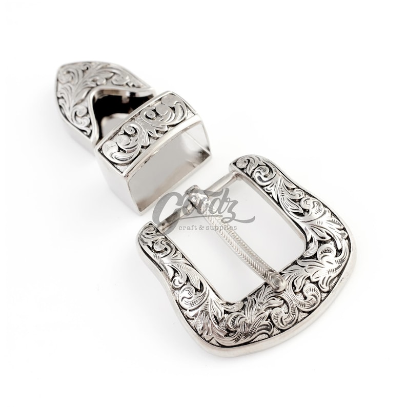 Set Western Cowboy-Cowgirl Engraved Buckle Set. Replacement Belt Buckle. Silver Buckle.On white background. Product from Goodz Craft Supply.