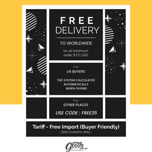 Puede incluir: Gr&aacute;fico en blanco y negro con las palabras "FREE DELIVERY" y otro texto. El texto incluye "TO WORLDWIDE", "on all minimum order $35 USD", "For US BUYERS", "THE SYSTEM CALCULATES AUTOMATICALLY WHEN PAYING" y "USE CODE: FREE35".