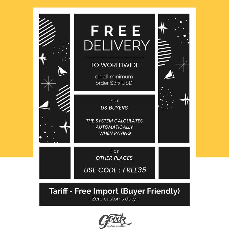 Puede incluir: Gr&aacute;fico en blanco y negro con las palabras "FREE DELIVERY" y otro texto. El texto incluye "TO WORLDWIDE", "on all minimum order $35 USD", "For US BUYERS", "THE SYSTEM CALCULATES AUTOMATICALLY WHEN PAYING" y "USE CODE: FREE35".