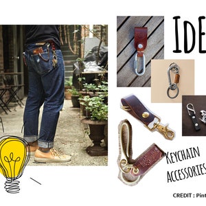 Puede incluir: Imagen que muestra varios accesorios para llaveros, incluyendo llaveros de cuero con cierres met&aacute;licos y mosquetones. Tambi&eacute;n se muestra a una persona usando jeans con un llavero sujeto al trabilla del cintur&oacute;n. El texto dice "IDEA" y "KEYCHAIN ACCESSORIES".