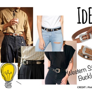 May include: A collage of images showcasing different ways to style a western-style buckle belt. The collage includes a person wearing a brown leather belt with a silver buckle, a person wearing a black leather belt with a silver buckle, and a person wearing a brown leather belt with a silver buckle. The text "IDEA" and "Western Style Buckle" are also included in the collage.