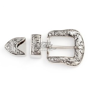 Set Western Cowboy-Cowgirl Engraved Buckle Set. Replacement Belt Buckle. Silver Buckle.On white background. Product from Goodz Craft Supply.