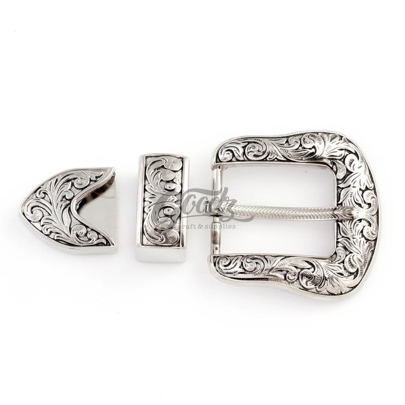 Set Western Cowboy-Cowgirl Engraved Buckle Set. Replacement Belt Buckle. Silver Buckle.On white background. Product from Goodz Craft Supply.