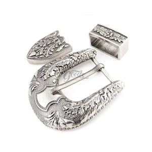 1 3/8”, 35mm Antique Silver Cowboy Belt Buckle Set | Filigree Rodeo Buckle |  Replacement Buckle | Engraved Heel Bar Belt Buckle