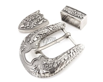 1 3/8”, 35mm Antique Silver Cowboy Belt Buckle Set | Filigree Rodeo Buckle |  Replacement Buckle | Engraved Heel Bar Belt Buckle