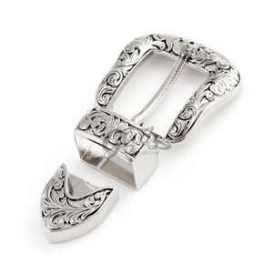 Set Western Cowboy-Cowgirl Engraved Buckle Set. Replacement Belt Buckle. Silver Buckle.On white background. Product from Goodz Craft Supply.