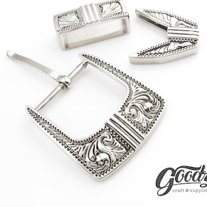 Set of Western Antique Cowboy Belt Buckle | Western Cowboy Buckle | Filigree Buckle | Silver Buckle | Rodeo Buckle.On white background. Product from Goodz Craft Supply.