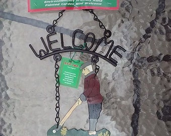 Golf Welcome Sign Metal Hanging Garden Ornament Wall Art Sculpture Golfer New Old Stock