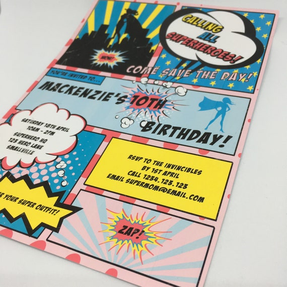Editable & Printable Superhero Girl Party Invitation Template, 5x7in - Pink, Yellow and Green - Double-Sided - Instant Download - Girls Il_570xn