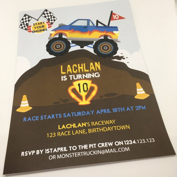 Editable & Printable Monster Truck Party Invitation Template, 5x7in - Blue and Brown - Double-Sided - Instant Download - Boys Parties Il_570xn