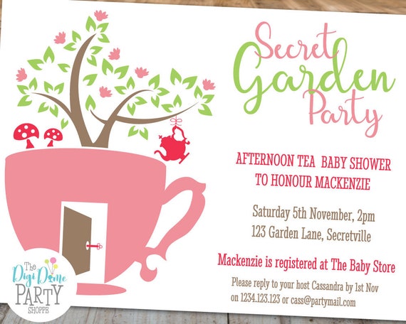 secret garden tea party printable party invitation template 5x7in