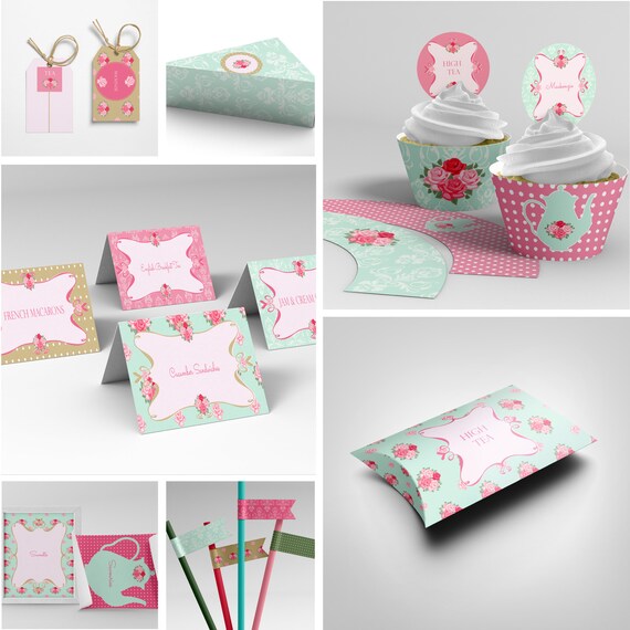 Editable & Printable High Tea Party Decor Pack, 19pcs - Mint Gold Pink - Instant Download and Editable - Girls Birthday and Bridal Parties Il_570xn