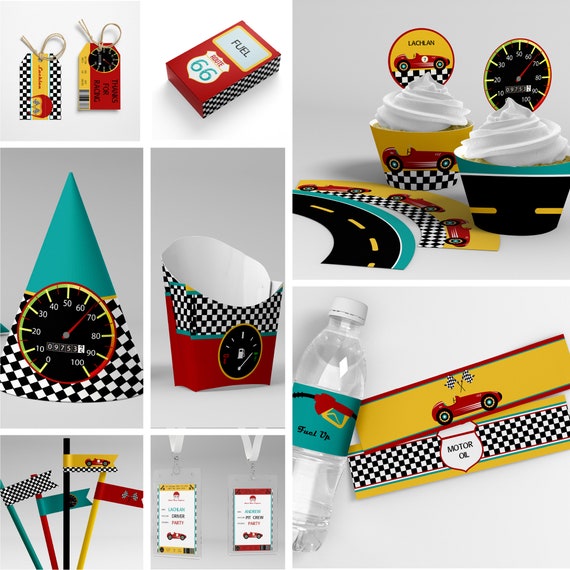 Editable & Printable Speedway/Car Racing Party Decor Value Pack, 20 pcs - Red Yellow - Instant Download and Editable - Kids Birthday Parties Il_570xn