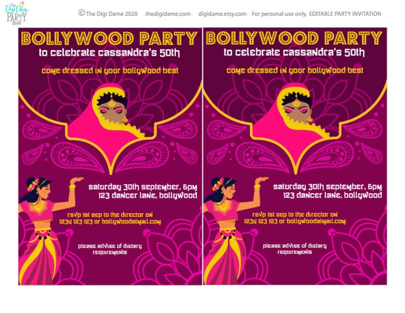 Editable &amp; Printable Bollywood Party Invitation Template | Etsy