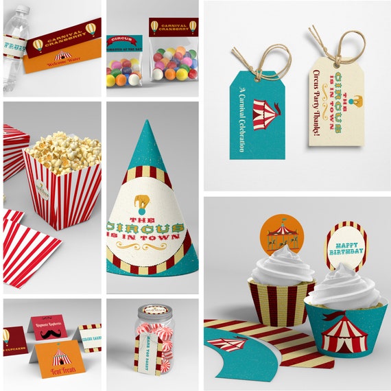 Editable & Printable Circus/Carnival Vintage Party Decor Value Pack, 22 pcs - Red, Yellow Green - Instant Download - Kids Birthday Parties Il_570xn
