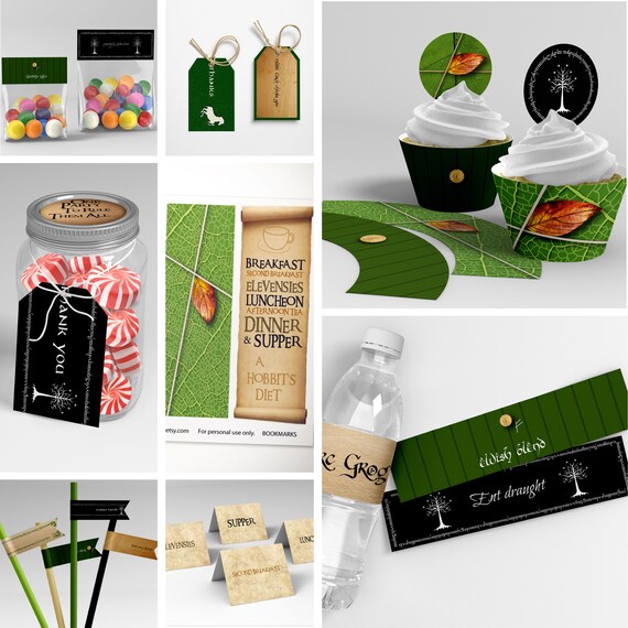 Printable Middle Earth/Elvish Party Decor Value Pack, 17pcs - Green and Brown - Instant Download NOT Editable - Kids Birthday Parties Il_570xn