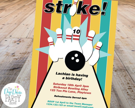 ten pin bowling party printable invitation template 5x7in yellow ten pin bowling invite template