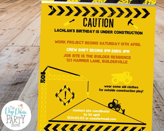 construction party printable invitation template 5x7in black and