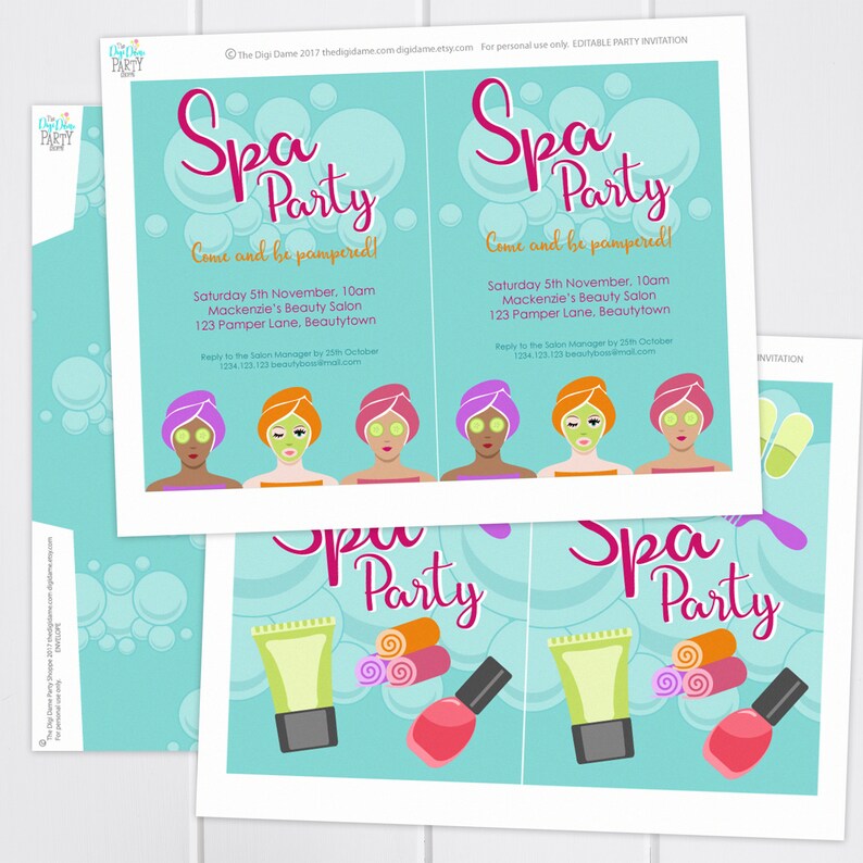 Spa Party Printable Invitation Template 5x7in Mint and Pink | Etsy