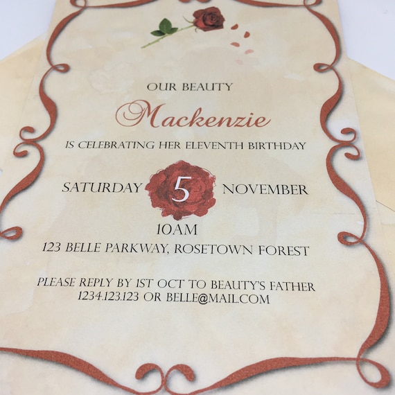 Editable & Printable Belle Beauty Party Invitation Template, 5x7in - Red Roses and Parchment - Instant Download - Girls Birthday Parties Il_570xn
