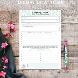 May include: A printable worksheet titled "Creature Creator: Writer's Block, Creature Edition" with sections for book/series, name, common, dimension, define, creature types, and description. The worksheet is designed to help writers create new creatures for their stories.