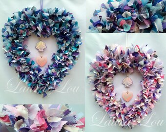 Mermaid Shell 15/18" Heart Double Rag Wreath - Blue/Purple or Pink/Purple, fabric/ribbon/net, wooden shell and heart