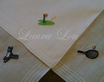 Embroidered "Sporting Hobbies" Unisex Handkerchief - white personalised hankie, corner sports motif embroidery