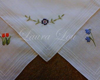 Floral Embroidered Ladies Handkerchief - white personalised female hankie, floral motif embroidery