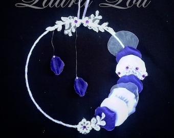 Purple Petal 7" Round Wreath - White and lilac ribbon, petals, lace and rhinestones