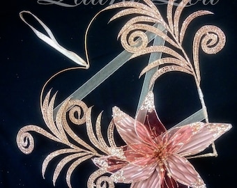 Glamorous Glitter Rose Gold 15" Heart Wreath - glitter swirls, velvet/organza poinsettia, ribbon