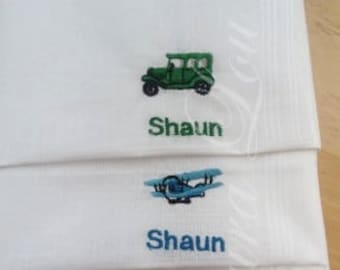 Vehicles Embroidered Handkerchief - white personalised hankie, vehicle motif embroidery