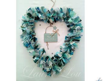 Enchanted Forest 15" Heart Single Rag Wreath - Aqua and Turquoise, fabric/ribbon, wooden sign and mini stars