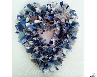 12” Heart Double Rag Wreath – choice of colours, fabric/ribbon/net, Glitter Butterfly