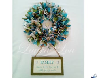 Family/Home 10" Round Double Rag Wreath – Green/Turquoise OR Rust/Brown, fabric/ribbon/net, wooden sign with heart