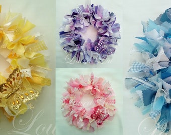 Butterfly 7" or 10" Round Single Rag Wreath - Choice of colours, fabric/ribbon/net, Glitter Butterfly