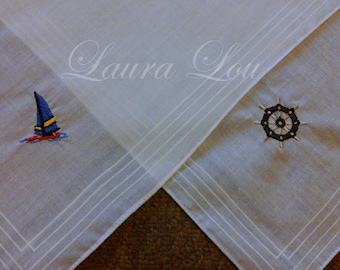 Nautical Embroidered Handkerchief - white personalised hankie, ship themed motif embroidery