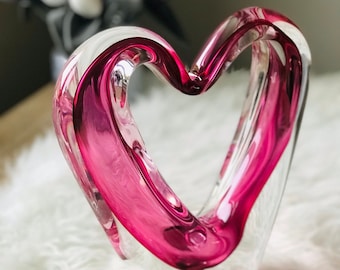 Big crystal rubin glass heart sculpture, pink heart glass figurine, personalized wedding or anniversary gift