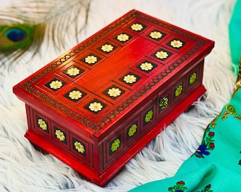 Wooden box for jewelry and trinkets, red wooden casket with key, decorated  with golden metal flowers