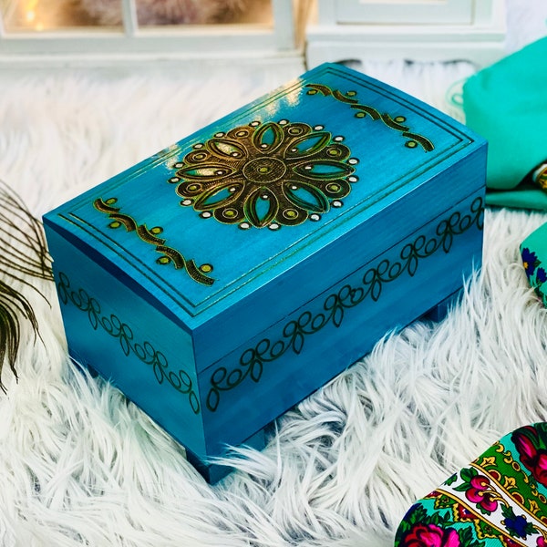 Boîte à bijoux en bois, boîte à montres turquoise, coffret bleu vif pour bibelots avec cadenas